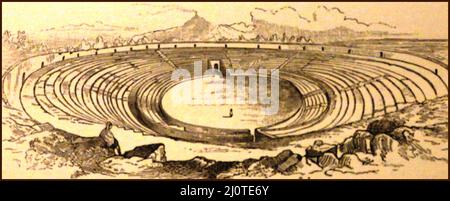 Un croquis de 19th siècle de l'amphithéâtre (spectaculaire) à Pompéi / Pompéi (avec le Vésuve fume en arrière-plan) comme il était à l'époque. Il avait été découvert enterré sous 4 à 6 m (13 à 20 pi) De cendres volcaniques et de ponce provenant de l'éruption du Vésuve en 79. Construit autour de 70 av. J.-C., l'amphithéâtre est l'un des premiers amphithéâtres romains construits en pierre à avoir survécu et aurait été construit à l'aide des fonds privés de Gaius Quinctius valgus et Marcus Porcius. Il a été endommagé par un tremblement de terre en 62 après J.-C. mais a été restauré par un magistrat Cuspius Pansa et son fils. Banque D'Images