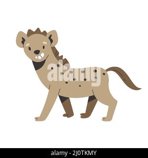 Adorable personnage hyène, animal africain, animal africain souriant, animal africain sympathique, mammifère safari sauvage, dessin animé plat isolé sur fond blanc Illustration de Vecteur