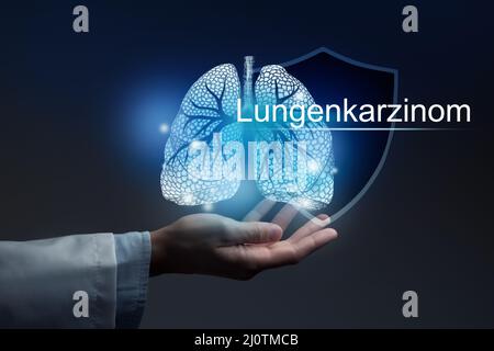 Bannière médicale carcinome avec traduction allemande Lungenkarzinom sur fond bleu avec grand espace de copie pour le texte ou la liste de contrôle. Banque D'Images