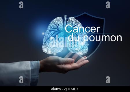 Bannière médicale carcinome avec traduction française cancer du poumon sur fond bleu avec grand espace pour le texte ou la liste de contrôle. Banque D'Images