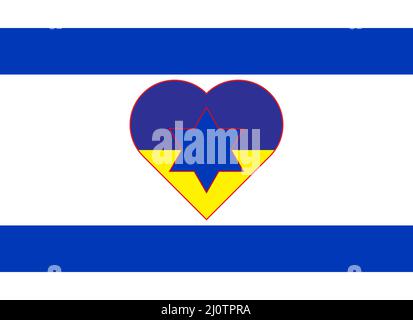 Un coeur peint dans les couleurs du drapeau de l'Ukraine sur le drapeau d'Israël. Illustration d'un coeur bleu et jaune sur le symbole national. Illustration de Vecteur