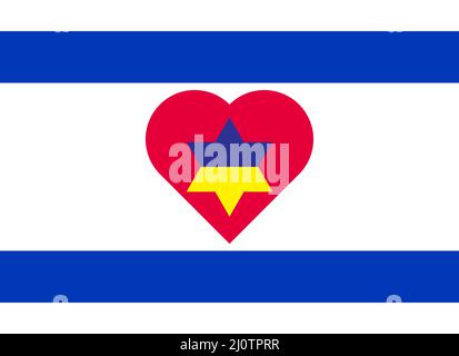 Un coeur peint dans les couleurs du drapeau de l'Ukraine sur le drapeau d'Israël. Illustration d'un coeur bleu et jaune sur le symbole national. Illustration de Vecteur