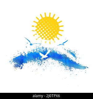Logo abstrait plage . Abstraction soleil de mer et mouettes. Illustration vectorielle Illustration de Vecteur