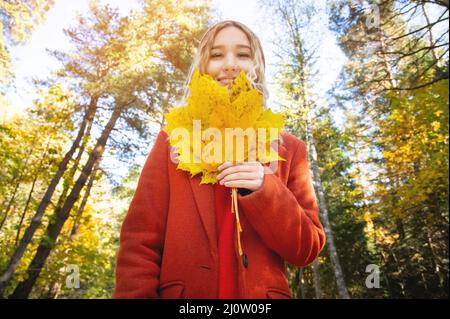 Jolie blanche blanche caucasienne fille dans le chapeau rouge de polto et d'orange est confondue avec un bouquet de feuilles dans ses mains contre le dos Banque D'Images