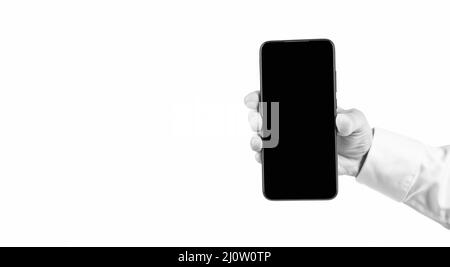 smartphone crie isolé sur blanc. nouvelle application. proposition de produit. présentation publicitaire. Banque D'Images