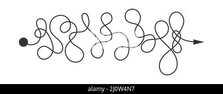 Ligne courbe avec point de départ et flèche de direction. Chemin difficile, chemin de chaos, symbole de route dure isolé sur fond blanc. Illustration graphique vectorielle. Illustration de Vecteur