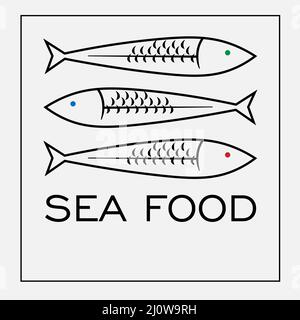 logo minimal de nourriture de mer noire de trois poissons dans un carré 1 Illustration de Vecteur