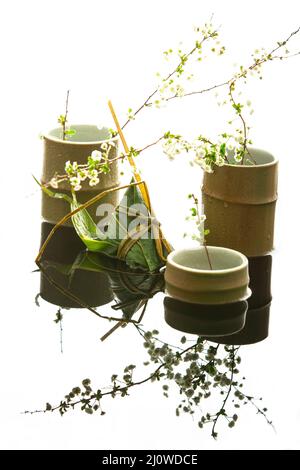 Photographie créative, Zongzi (boulettes de riz) et tasses de bambou Banque D'Images