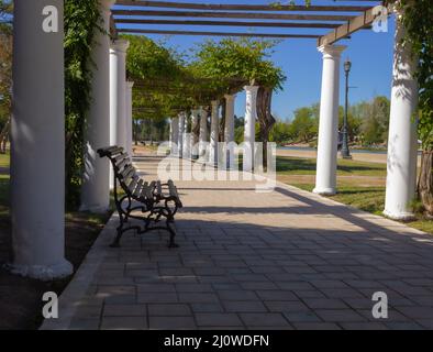 Banc en bois avec colonnes blanches dans un parc de la ville Banque D'Images