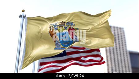 Le drapeau de l'état américain du New Jersey agitant dans le vent Banque D'Images