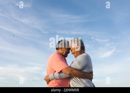 Couple aîné d'oiseaux aimant s'embrassant les uns les autres tout en touchant les fronts contre le ciel Banque D'Images