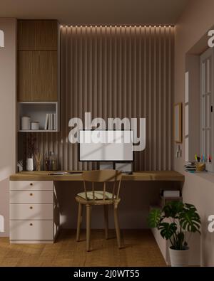 Poste de travail avec ordinateur pc maquette d'écran blanc et accessoires de bureau sur un bureau moderne en bois dans un intérieur moderne de bureau à la maison. 3d rendu, 3d illustr Banque D'Images