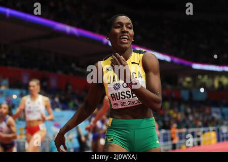 Belgrade, Serbie. 20th mars 2022. Janieve Russell, de la Jamaïque, est vue pendant le relais FÉMININ DE 4 X 400 mètres aux Championnats du monde d'athlétisme en salle Belgrade 2022 à Stark Arena, Belgrade, Serbie, le 20 mars 2022. Credit: Zheng Huansong/Xinhua/Alay Live News Banque D'Images