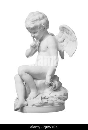 Statue de Cupidon décorée.Angel sculpture sur fond blanc avec masque Banque D'Images