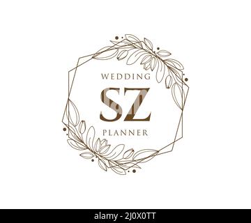 SZ lettre initiale mariage monogramme logos collection, dessin à la main moderne minimaliste et modèles floraux pour cartes d'invitation, Save the Date, élégant Illustration de Vecteur