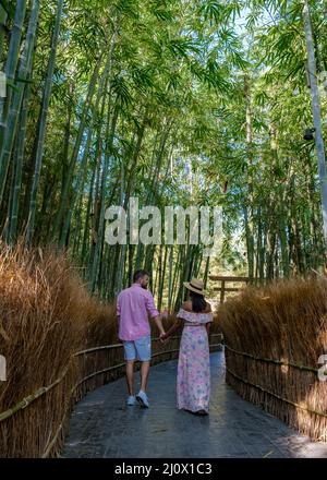 Forêt de bambous à Chiang Mai en Thaïlande, forêt de bambous dans un jardin japonais à Chiang Mai. Couple asiatique femme et européen homme en t Banque D'Images