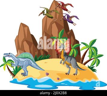 Scène avec dinosaures sur l'illustration de l'île Illustration de Vecteur