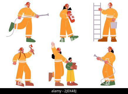 Jeu de personnages mâles et femelles de pompiers dans une échelle de maintien uniforme, un tuyau d'eau, des seaux et une hache. Groupe de pompiers travaillant, luttant avec feu, sauve enfant. Illustration de vecteur linéaire de personnes Illustration de Vecteur