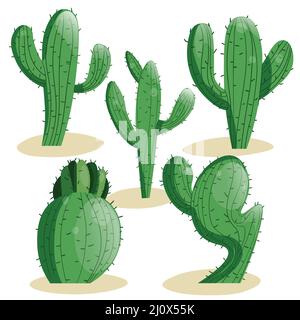 Grand cactus succulent avec épines et éléments isolés en pierre.Illustration de l'ensemble de dessin vectoriel pour l'icône, le jeu, l'emballage, la bannière.Ouest sauvage, Ouest Illustration de Vecteur