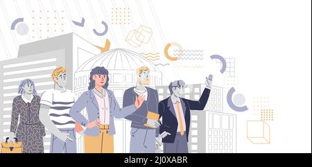 Chef d'équipe d'affaires prospère femme d'affaires avec ses collègues, illustration vectorielle plate isolée sur fond blanc. Leadership et super Illustration de Vecteur