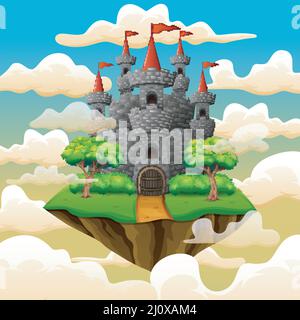 Île fantastique avec château de conte de fées dans les nuages Illustration de Vecteur