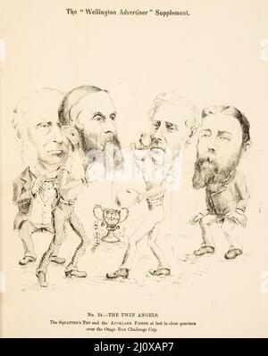 Esquisse de questions politiques pertinentes à l'élection générale de 1881 en Nouvelle-Zélande, tirée d'une caricature publiée dans le supplément de l'annonceur de Wellington Banque D'Images