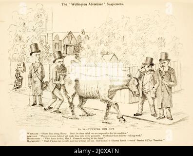 Esquisse de questions politiques pertinentes à l'élection générale de 1881 en Nouvelle-Zélande, tirée d'une caricature publiée dans le supplément de l'annonceur de Wellington Banque D'Images