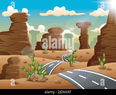 Une route menant aux montagnes et aux rochers sur un paysage désertique Illustration de Vecteur