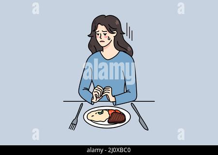 Une jeune femme malheureuse s'assoit à table avec des difficultés alimentaires avec des troubles de l'alimentation. La fille bouleversée refuse de repas souffrent d'anorexie ou de boulimie. Soins de santé et aide psychologique. Illustration vectorielle. Illustration de Vecteur