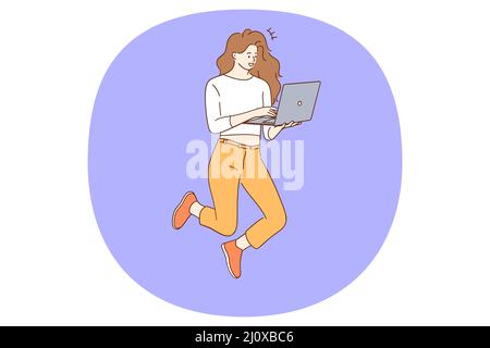 Concept de travail freelance et de travail à distance. Jeune femme souriante sautant tenir un ordinateur portable dans les mains travaillant comme indépendant ayant l'illustration vectorielle de travail à distance Illustration de Vecteur