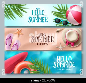 Ensemble de bannières vectorielles pour l'été. Collection Hello Summer avec éléments de plage pour un arrière-plan de saison tropicale. Illustration vectorielle. Illustration de Vecteur