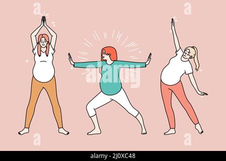 Les femmes enceintes actives font des exercices du matin suivent un mode de vie sain. Une jeune fille dynamique et énergique aiment la grossesse faire du sport ou de l'entraînement. Pilates et étirement. Maternité. Illustration vectorielle. Illustration de Vecteur