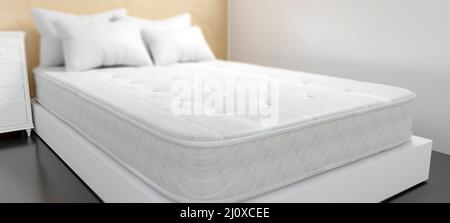 Lit et matelas, mobilier de chambre. Commode, lit, matelas orthopédique et oreillers de couleur blanche, vue rapprochée. Concept d'intérieur de chambre de sommeil confortable. 3d Banque D'Images