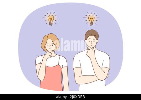 Recherche de concept d'idées créatives. Jeune femme et homme sérieux debout et pensant avec des ampoules qui survolent le sens de la créativité et de l'innovation d'affaires illustration de vecteur Illustration de Vecteur
