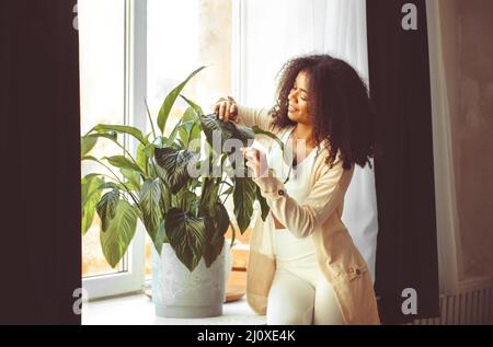Jeune Afro-américaine jeune femme debout devant le rebord de la fenêtre pour quitter la pièce à la maison Banque D'Images