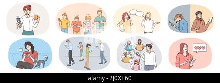 La collection de personnes surutilisent le téléphone portable moderne dans la vie quotidienne. Ensemble de divers hommes et femmes utilisent des smartphones, dépendants des médias sociaux. Gadget et dépendance technologique. Illustration vectorielle. Illustration de Vecteur