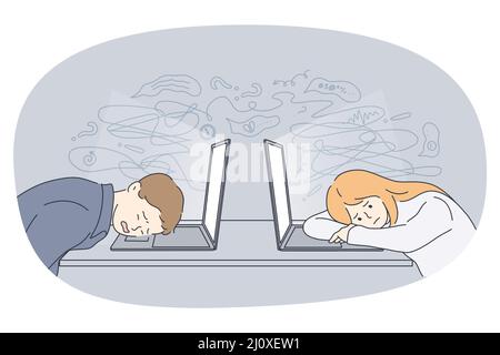 Stress fatigue et épuisement concept. Jeune femme et homme d'affaires fatigués travaillant sur leurs ordinateurs portables au bureau se sentant somnolent et fatigué au travail illustration vectorielle Illustration de Vecteur