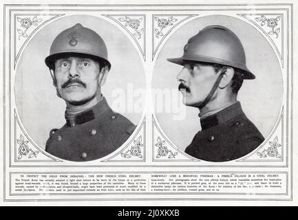 Photo publiée dans les nouvelles illustrées de la guerre le 7 juillet 1915; casque du nouveau soldat français. Photographie en noir et blanc Banque D'Images