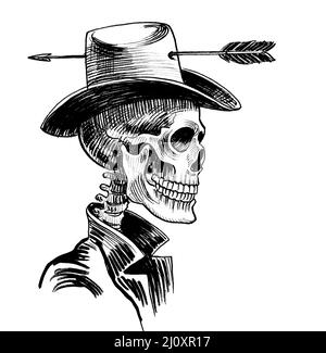 Squelette de cow-boy dans un chapeau percé avec une flèche. Dessin noir et blanc Banque D'Images