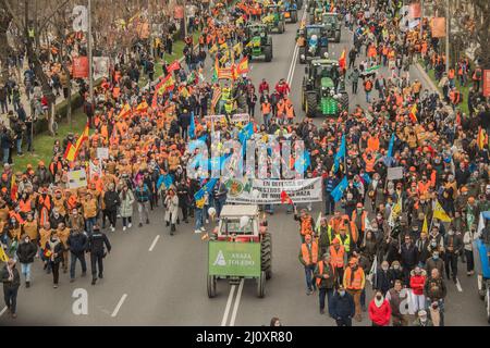 20 mars 2022, Madrid, Madrid, Espagne: Agriculteurs, Les éleveurs, les irrigateurs et les chasseurs de toute l'Espagne descendent dans les rues de Madrid ce dimanche dans un événement qu'ils décrivent comme ''historique'' et avec lequel ils cherchent à revendiquer un avenir pour le monde rural avec plusieurs fronts ouverts: Augmentation des coûts énergétiques, des matières premières, de la sécheresse, de la guerre en Ukraine et de la grève des transporteurs en Espagne. Une ''grande démonstration'' du secteur primaire qui a été convoquée par la plate-forme '20Mrural', qui réunit les organisations agricoles ASAJA, COAG, UPA, ainsi que le Royal Spanish Hunting F Banque D'Images