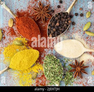 Épices fraisées - ail, curcuma, paprika, anis, origan, cardamome. Ronde de cuillères dorées sur une table en bois bleu. Vue de dessus, clos Banque D'Images