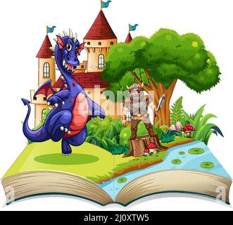 Livre avec scène de chevalier et d'illustration de combat de dragon Illustration de Vecteur