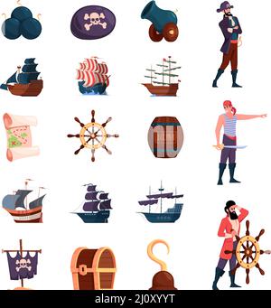 Personnages pirates. Cuirassé de pirate en bois de style ancien et combattants agressifs avec armes bouteille trésors bombe et spyglass garish vecteur plat Illustration de Vecteur