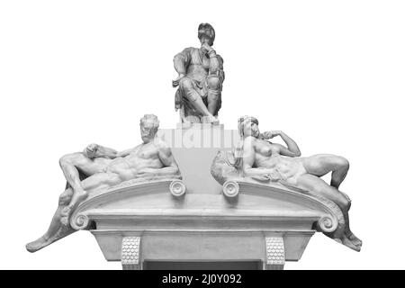 Tombeau de Giuliano de Medici et en dessous se trouvant sur le sarcophage Michel-Ange isolé sur fond blanc avec chemin d'écrêtage Banque D'Images