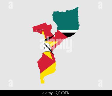 Carte du drapeau du Mozambique. Carte de la République du Mozambique avec la bannière du pays mozambicain. Illustration vectorielle. Illustration de Vecteur