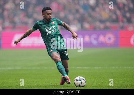 Amsterdam - Reiss Nelson de Feyenoord lors du match entre Ajax et Feyenoord à l'arène Johan Cruijff le 20 mars 2022 à Amsterdam, pays-Bas. (Bo Banque D'Images