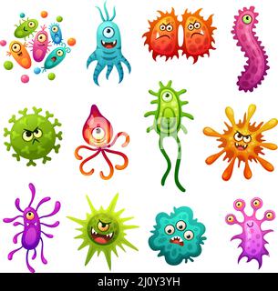 Des bactérias mignons. Personnage de bactéries, microbes de dessins animés. Cellule colorée et microbe, icônes de santé. Monstres drôles et virus vecteurs de garache avec émotivité Illustration de Vecteur