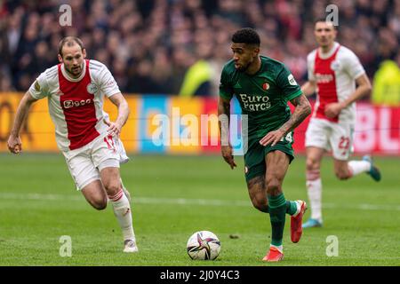 Amsterdam - Reiss Nelson de Feyenoord lors du match entre Ajax et Feyenoord à l'arène Johan Cruijff le 20 mars 2022 à Amsterdam, pays-Bas. (Bo Banque D'Images