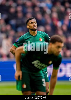 Amsterdam - Reiss Nelson de Feyenoord lors du match entre Ajax et Feyenoord à l'arène Johan Cruijff le 20 mars 2022 à Amsterdam, pays-Bas. (Bo Banque D'Images