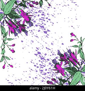 Bouquet de fleurs joliment agencé sur un bacille blanc. Fleurs fuchsia dessinées, illustration vectorielle artistique. Cadre fleuri tendance à motif botanique, Illustration de Vecteur
